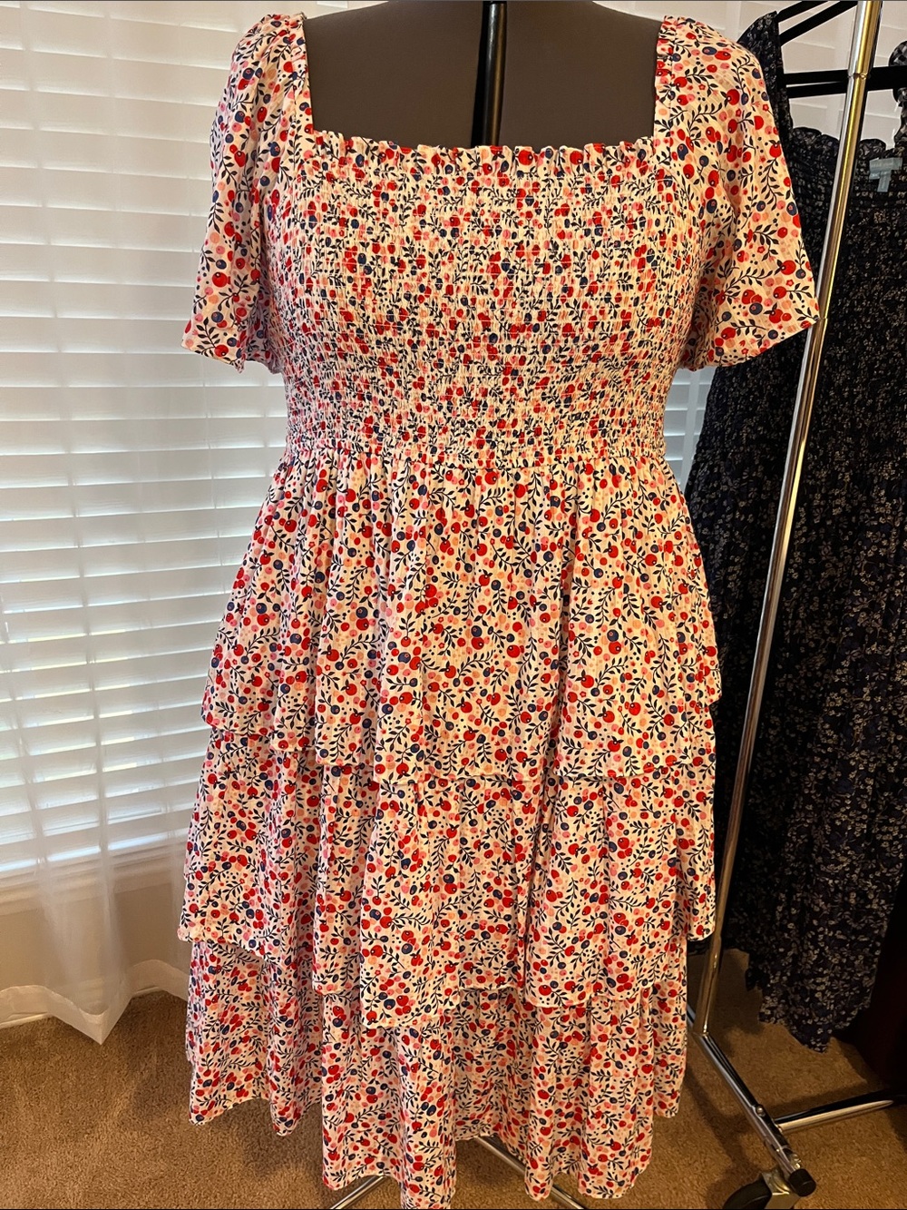 Draper James 100% Cotton Red, Blue & Pink Floral Smocked Midi Dress 3x 22 24